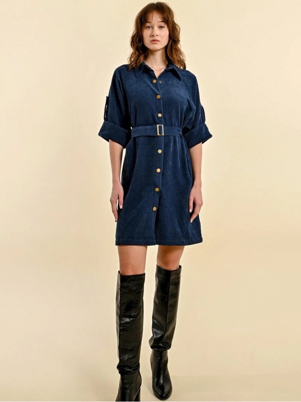 Molly Bracken Navy Velvet SHIRT DRESS